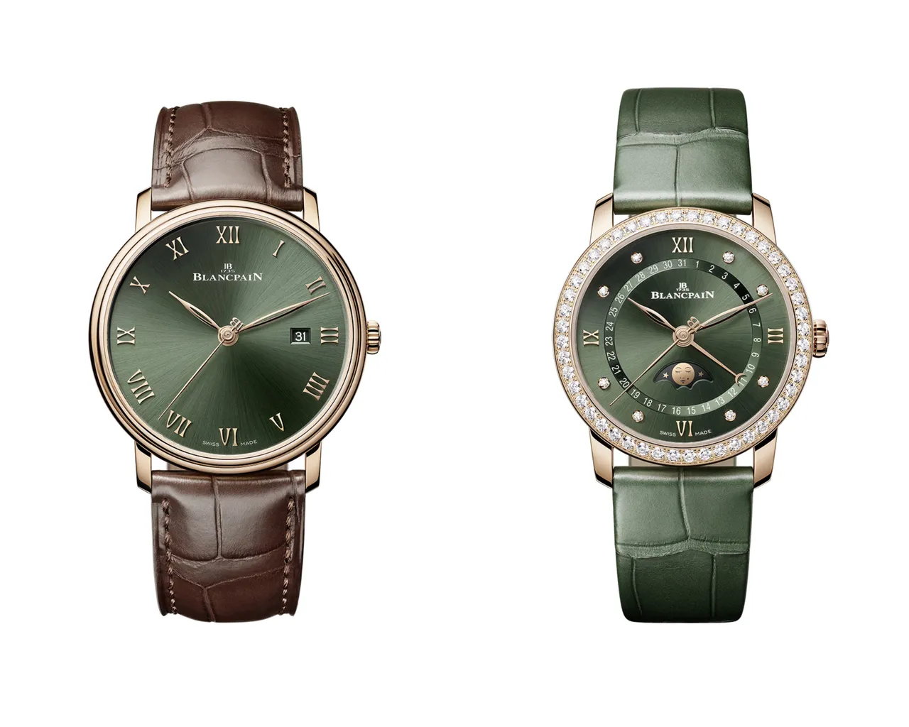 宝珀Villeret超薄腕表(左图),40mm,18K红金表壳,鳄鱼皮表带,1151型机芯,动力储存100小时,防水深度30米,71万元;Villeret日历月相腕表(右图),33.2mm,18K红金表壳,鳄鱼皮表带,913QL.P型机芯,动力储存40小时,防水深度30米,83万2000元。品牌提供