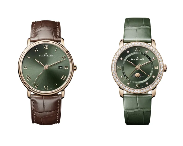 寶珀Villeret超薄腕錶（左圖），40mm，18K紅金錶殼，鱷魚皮錶帶，1151型機芯，動力儲存100小時，防水深度30米，71萬元；Villeret日曆月相腕錶（右圖），33.2mm，18K紅金錶殼，鱷魚皮錶帶，913QL.P型機芯，動力儲存40小時，防水深度30米，83萬2000元。品牌提供