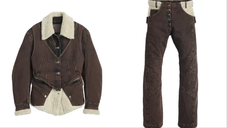 Levi’s x Kiko三件式焦茶色丹寧外套（左）2萬1900元、絨毛焦茶色丹寧褲（右）1萬5900元。品牌提供