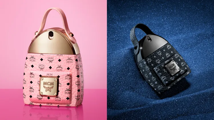 MCM Crush粉漾背包女性淡香精（左）30ml／2170元、50ml／2630元、75ml／3260元；ONYX黑曜背包淡香精（右）30ml／2170、50ml／2630、75ml／3260元。品牌提供