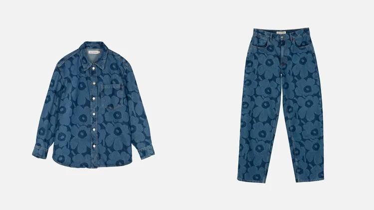 Marimekko Maridenim Unikko游霓可印花襯衫（左）1萬4900元、游霓可印花牛仔褲（右）1萬1900元。品牌提供