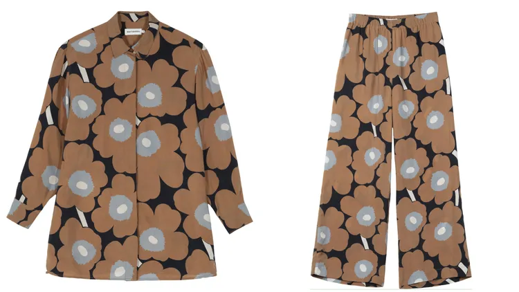 Marimekko榛果棕Unikko游霓可印花襯衫（左）、榛果棕Unikko游霓可印花長褲（右），各1萬1900元。品牌提供