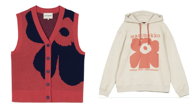 Marimekko不對襯Unikko游霓可印花針織背心（左）9900元、玫粉Unikko游霓可印花米白連帽上衣（右）1萬2900元。品牌提供