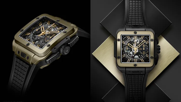 Square Bang Unico魔力金計時碼錶，42mm，拋光18K魔力金錶殼，啞光霧黑鏤空錶盤，黑色立體鉚釘方形刻紋橡膠錶帶，MHUB1280 UNICO自製自動上鏈飛返計時機芯，動力儲存72小時，防水深度100米，限量200只，132萬1000元。品牌提供