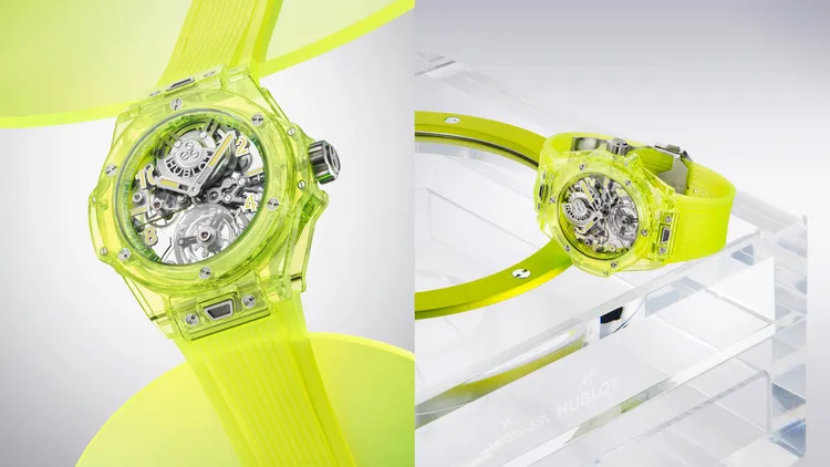 Big Bang陀飛輪螢光黃SAXEM腕錶，44mm，拋光及微噴砂螢光黃SAXEM錶殼，藍寶石鏡面錶盤，透明螢光黃立體橡膠錶帶，HUB6035自動上鏈陀飛輪機芯，動力儲存72小時，防水深度30米，限量50只，679萬元。品牌提供