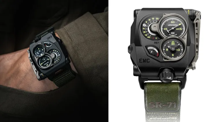 URWERK EMC SSR-71腕錶，47.55*49.57mm，鈦金屬及不鏽鋼錶殼，手柄為SR-71合金，北約尼龍軍用錶帶，URWERK自製UR-EMC手動上鏈機芯，動力儲存80小時，防水深度30米，限量10只，627萬元。品牌提供