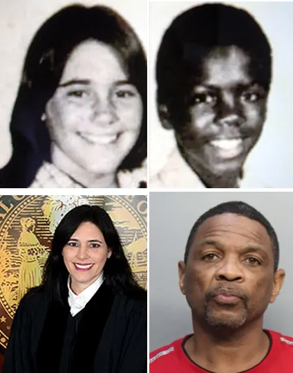 初中時的葛雷澤（上左）與布斯（上右）；仍是現職法官的葛雷澤（下左），布斯日前被逮捕（下右），已是一臉無所謂的表情。合成照。翻攝Florida/court room