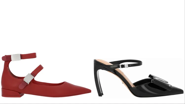 Robbie方釦繞踝瑪莉珍鞋（左）2390元、    Lu真皮蝴蝶結尖頭高跟鞋（右）2990元。品牌提供