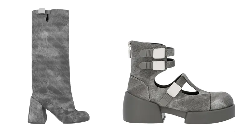 Robbie丹寧方釦直筒靴（左）3390元、Robbie方釦高筒厚底鞋（右）2990元。品牌提供