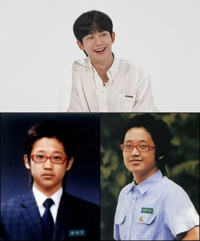 丁海寅（上圖）自爆戴紅色粗框眼鏡的畢業照黑歷史。Netflix提供、翻攝naver