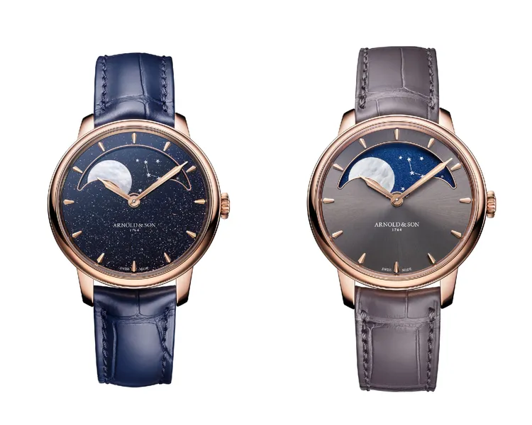 Arnold & Son Perpetual Moon 38 Gold腕錶，38mm，18K 5N 紅金錶殼，藍色砂金石玻璃/「懸崖灰」太陽紋錶盤，墨藍色或暖灰色短吻鱷魚皮錶帶，A&S1612 手動上鍊機械機芯，動力儲存90小時，防水深度30米，藍色砂金石款限量136萬4000元（限量88只）/懸崖灰款120萬3000元（限量28只）。品牌提供