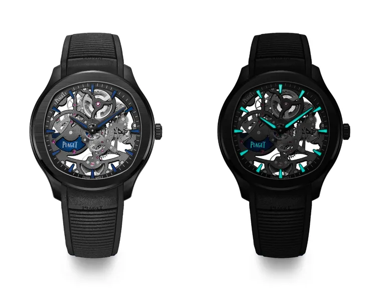 伯爵Polo系列黑陶瓷超薄鏤空自動上鍊腕錶，42mm，黑陶瓷及鈦金屬錶殼，黑色或藍色橡膠錶帶，伯爵自製1200S1自動上鍊鏤空機芯，動力儲存44小時，141萬元。品牌提供