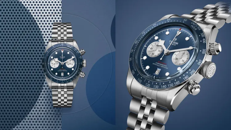 帝舵Black Bay Chrono腕錶，41mm，磨光及磨砂316L不銹鋼錶殼，藍色錶面搭配銀色計時盤，316L不銹鋼鍊帶，帝舵表原廠機芯MT5813型機芯，動力儲存70小時，防水深度200米。品牌提供