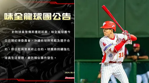 味全龍曾傳昇涉賭被訴　球團宣布「即日起終止合約」