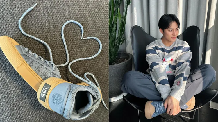 金珉奎日前曬出DIOR與Stone Island的聯名鞋款，他還用鞋帶弄出了愛心「告白」寫道「my dior」。翻攝min9yu_k IG
