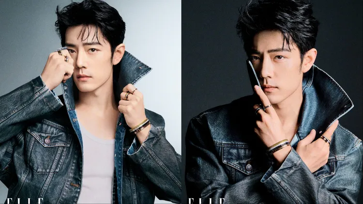 肖戰穿著Acne Studios牛仔夾克，搭配BOUCHERON戒指、手鐲。翻攝《ELLE》微博