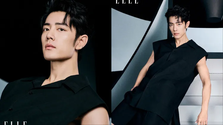 肖戰穿著GUCCI黑色無袖馬甲秀出精壯手臂肌肉。翻攝《ELLE》微博