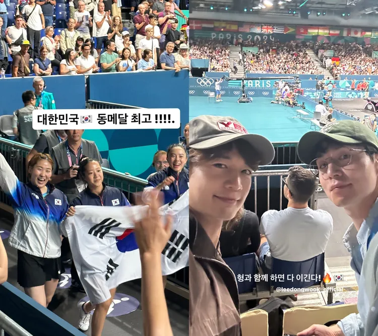珉豪（右圖左）在IG上傳女子桌球團體賽國手的照片，寫下「韓國銅牌最棒」，還誇讚李棟旭「只要跟哥一起就會贏」。翻攝珉豪IG