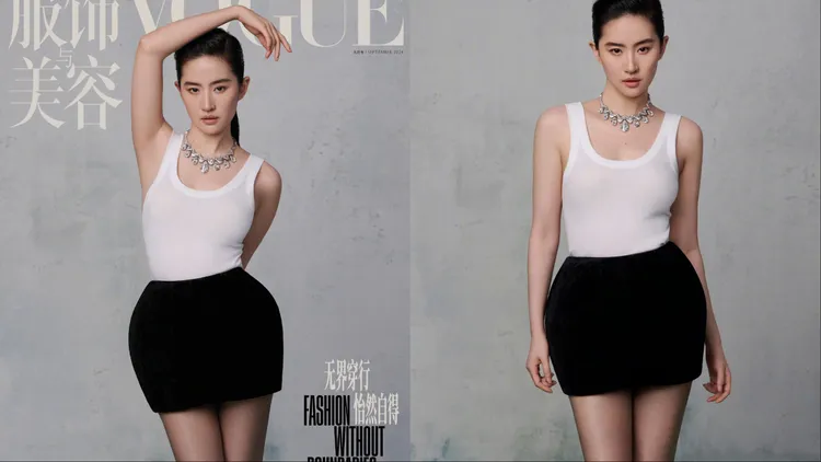 劉亦菲穿著CHENPENG黑色短裙，立體廓形營造出獨特美感。翻攝中國版《VOGUE》微博