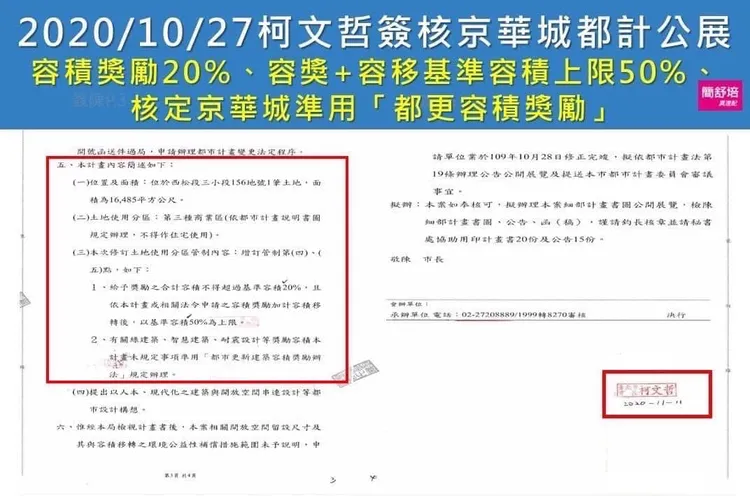 簡舒培爆料，京華城案送到都委會討論的專簽，是柯文哲蓋的章。取自簡舒培臉書