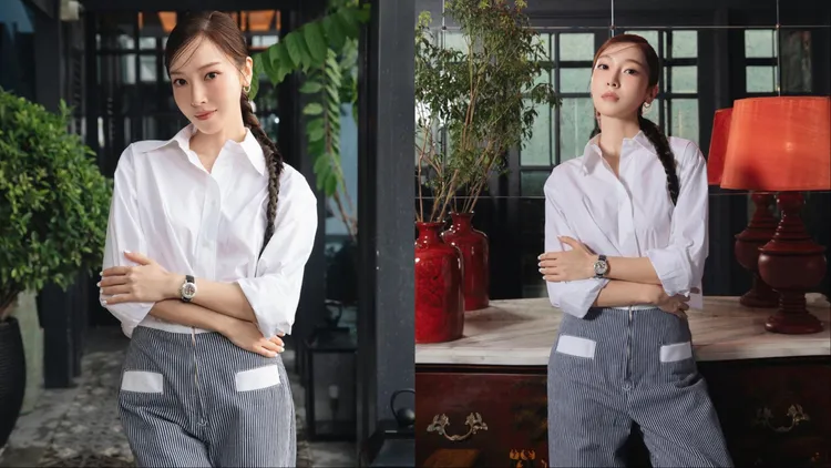 Jessica穿著SANDRO藍白條紋雙口袋長褲。翻攝franckmuller_asiapacific IG