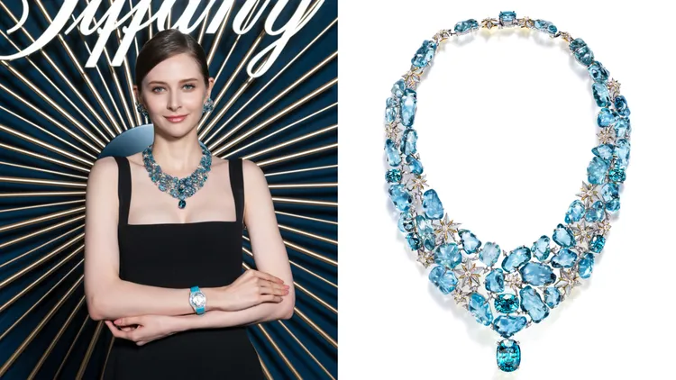 Tiffany Céleste星夜如夢系列鉑金與18K黃金鑲嵌7顆逾90克拉藍色風信子石及40顆逾400克拉不規則海水藍寶，珍珠母貝及鑽石項鍊。品牌提供
