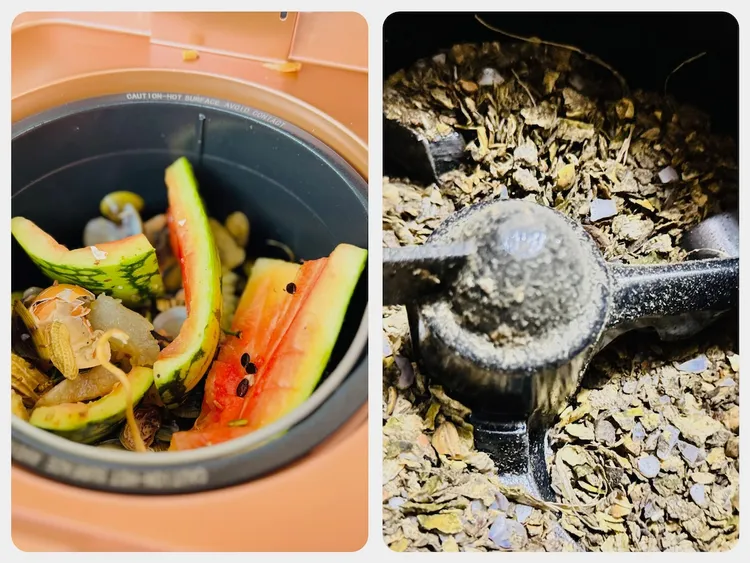 廚餘處理前（左）後（右）的差異。趙筱文 攝