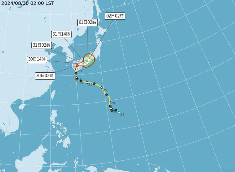 輕度颱風「珊珊」最新（30日2時）動態。中央氣象署