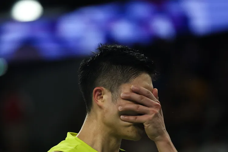 巴黎奧運羽球男單8強賽，台灣好手周天成（圖）最終以1比2不敵印度選手森恩（Lakshya Sen），賽後難掩失落。中央社