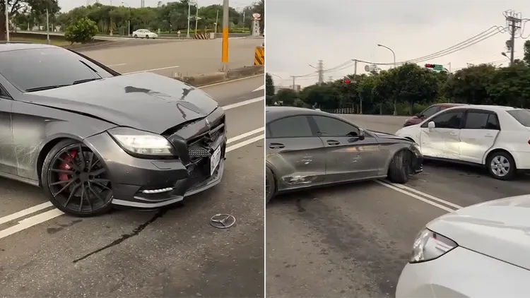 肇禍賓士車與被撞的白色轎車受損情況。翻攝自《記者爆料網》