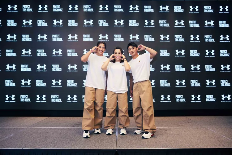 陳念琴（左起）、郭婞淳、楊勇緯換上情侶裝對鏡頭放送臉頰愛心。品牌提供