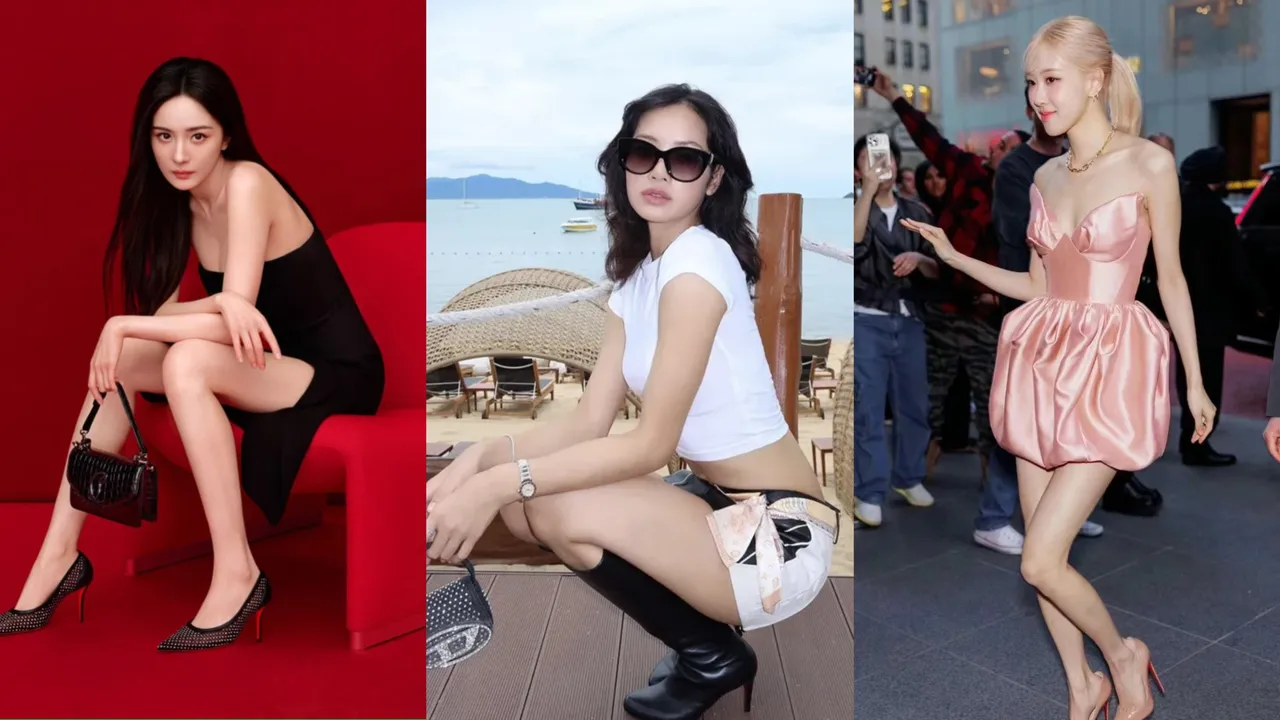 楊冪（左起）、Lisa、Rosé搭配Christian Louboutin鞋款。左圖品牌提供、中圖翻攝Lisa IG、右圖翻攝小紅書