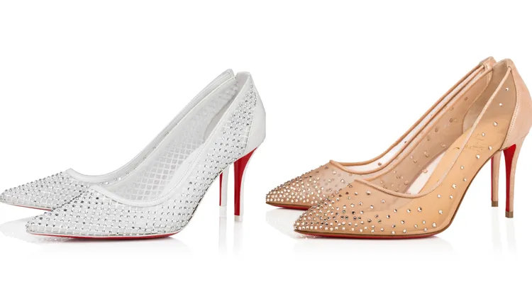 APOSTROPHA MESH STRASS 80白色高跟鞋（左）4萬6900元、FOLLIES STRASS裸色鑲鑽高跟鞋（右）4萬6200元。品牌提供