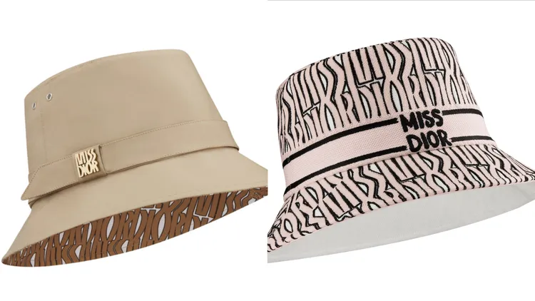 TEDDY-D MISS DIOR金屬扣飾米色棉質漁夫帽（左圖）2萬7500元、D-BOBBY MISS DIOR印花漁夫帽（右圖）3萬4500元。品牌提供