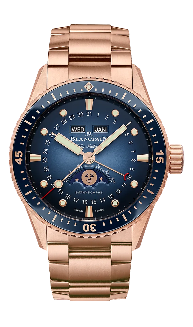 Blancpain五十噚深潛器全日曆月相腕錶，43mm，18K紅金錶殼，漸變式太陽放射線飾紋藍色錶盤，18K紅金鏈帶，6654.P型機芯，動力儲存72小時，防水深度300米，178萬3000元。品牌提供