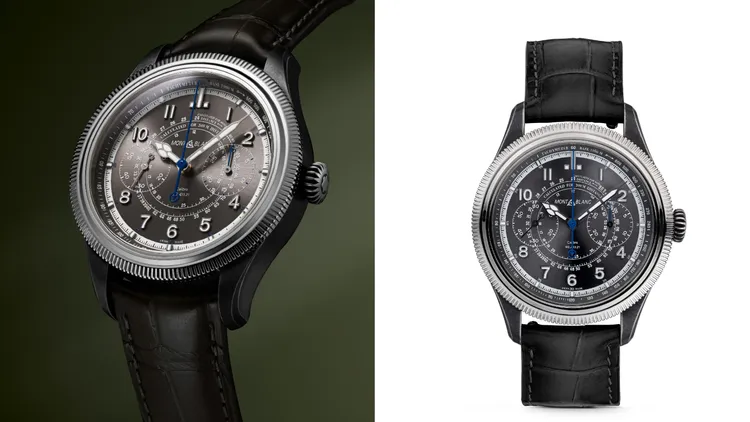 MONTBLANC 1858系列Unveiled Timekeeper Minerva計時腕錶，42.5mm，仿舊鋼錶殼，灰色錶盤，可替換灰色鱷魚皮紋小牛皮錶帶，自製機芯MB M13.21，動力儲存60小時，防水深度30米，限量100只，5萬歐元（約178萬台幣）。品牌提供
