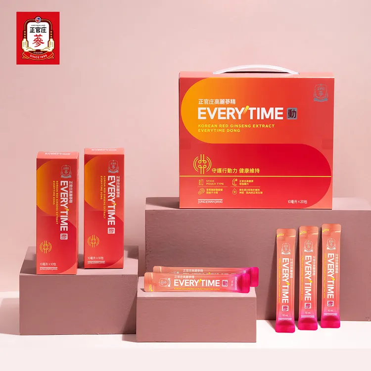 正官庄「高麗蔘精EVERYTIME動」3重守護行動力養護配方，嚴選足量「專利素食葡萄糖胺」與「玻尿酸鈉」、「維生素D」搭配「高麗蔘萃取」補氣力，守護關鍵環節。業者提供