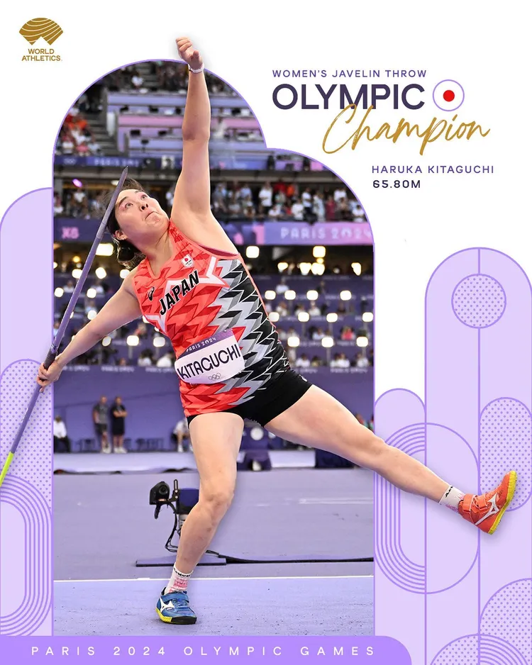 北口榛花在巴黎奧運奪下女子標槍金牌。翻攝worldathletics IG