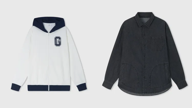 Gap Logo印花連帽外套（左）1699元、純棉翻領長袖襯衫（右）1999元。品牌提供