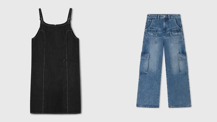 Gap方領吊帶洋裝（左）2299元、純棉工裝牛仔褲（右）26999元。品牌提供