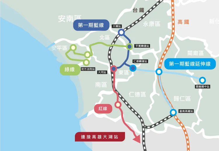 台南捷運優先路網包含藍線、藍延線、綠線、紅線等4條路線。台南市交通局提供