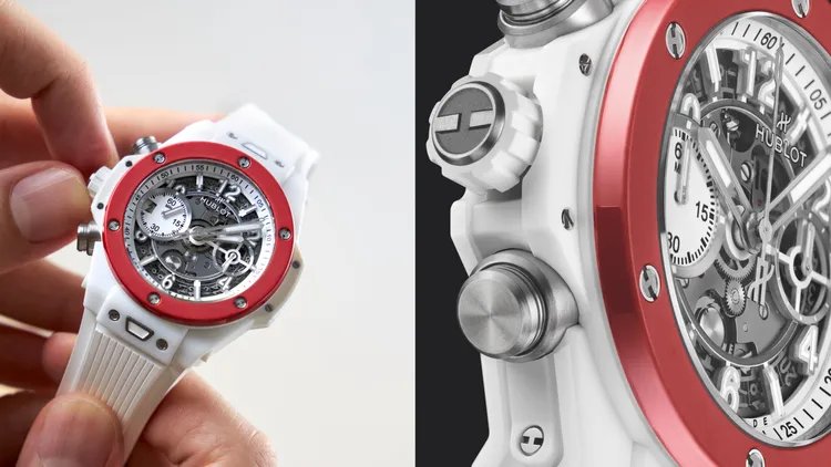 高階陶瓷材質白色錶殼與紅色錶圈，正面呈現微噴砂霧面質感錶圈側面以拋光鏡面打磨處理，時按把與旋入式錶冠，選用鈦金屬材質打造。品牌提供