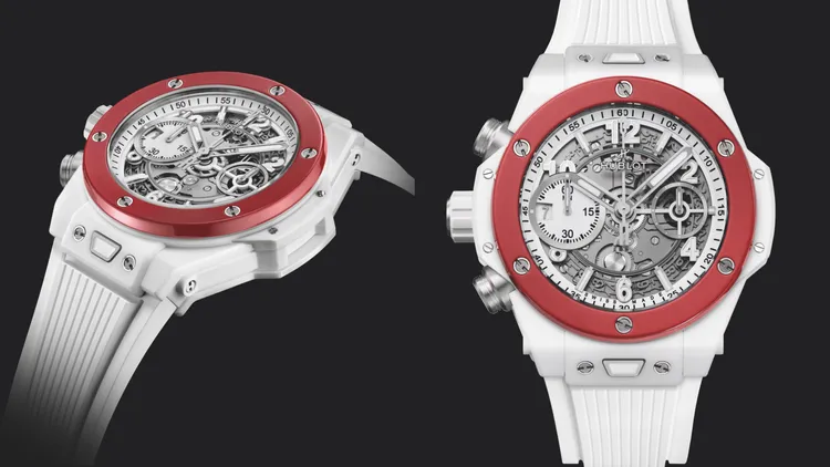 HUBLOT BIG BANG UNICO左冠陶瓷計時碼錶，42mm，微噴砂拋光白陶瓷錶殼，啞光白色錶盤，白色立體橡膠錶帶，HUB1280飛返計時導柱輪自動上鍊機芯，動力儲存72小時，防水深度100米，全球限量35只，81萬2000元。品牌提供