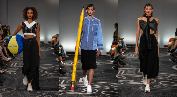 藉由大型毛線球、鉛筆、蝴蝶結等元素營造出失去尺寸感意象。品牌提供