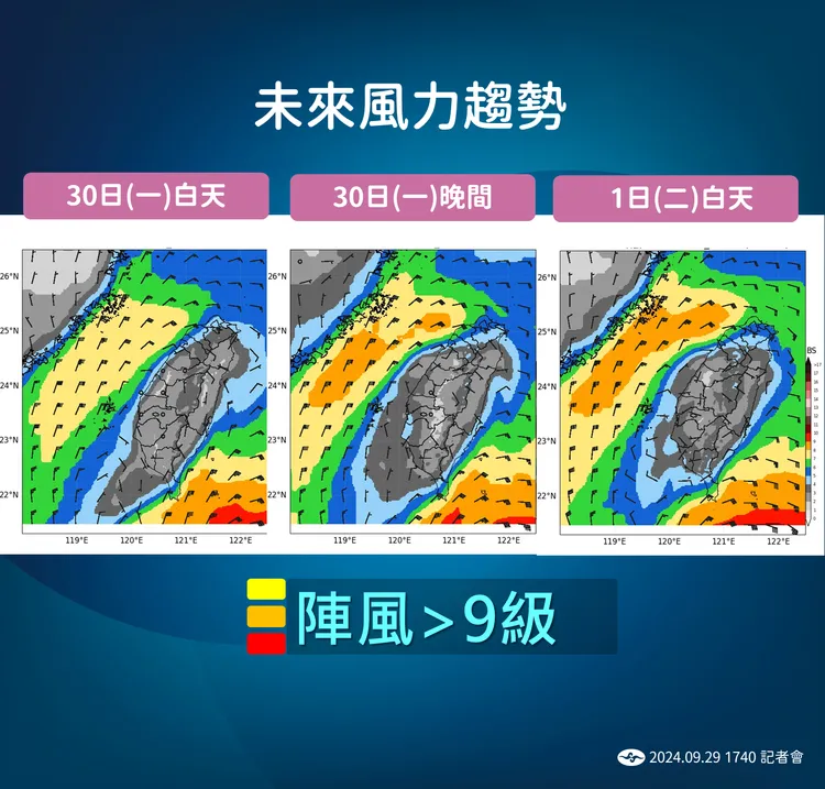 山陀兒造成台灣的風力趨勢。氣象署提供