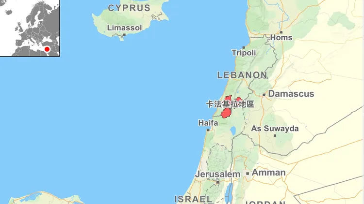 卡法基拉地區位於黎巴嫩南部，更處於以色列邊界。自製地圖