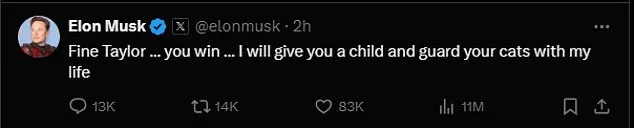 馬斯克在Ｘ發文說要讓泰勒絲懷孕。翻攝X@elonmusk