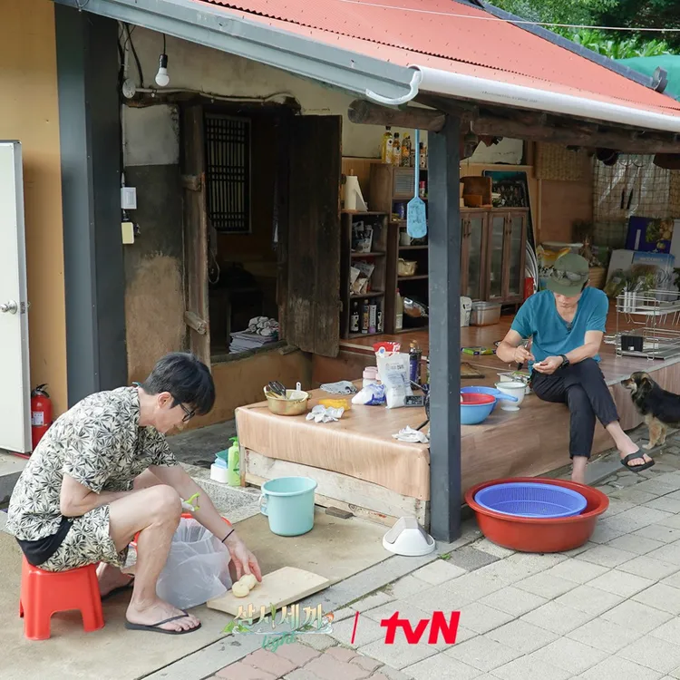 車勝元（左）特別篇沒有小幫手孫浩俊可以使喚，設備部的柳海真只好身兼料理部幫忙剝蒜。翻攝tvN