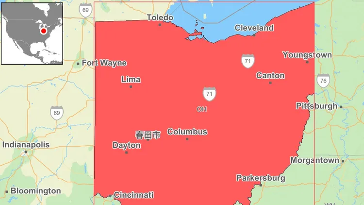 春田市位於俄州西邊。自製地圖