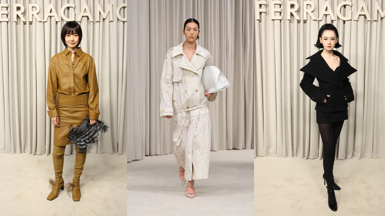 韓星裴斗娜(左圖)與中國女星戚薇(右圖)現身Ferragamo 2025春夏大秀秀場,中圖為超模劉雯走秀。品牌提供